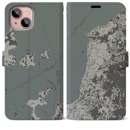 【北条（愛媛県）】地図柄iPhoneケース（手帳タイプ）モノトーン・iPhone 15 Plus 用