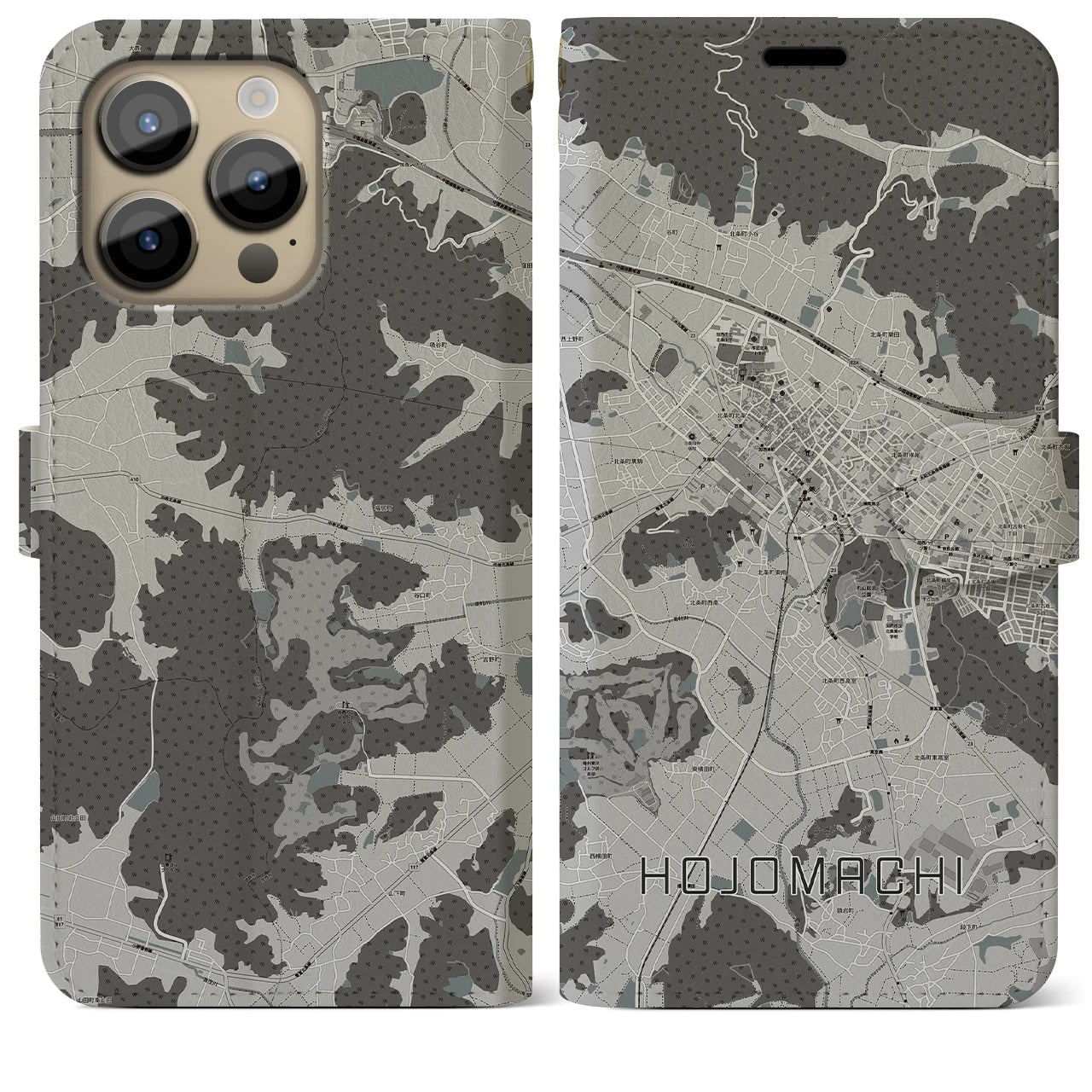 【北条町】地図柄iPhoneケース（手帳両面タイプ・モノトーン）iPhone 14 Pro Max 用
