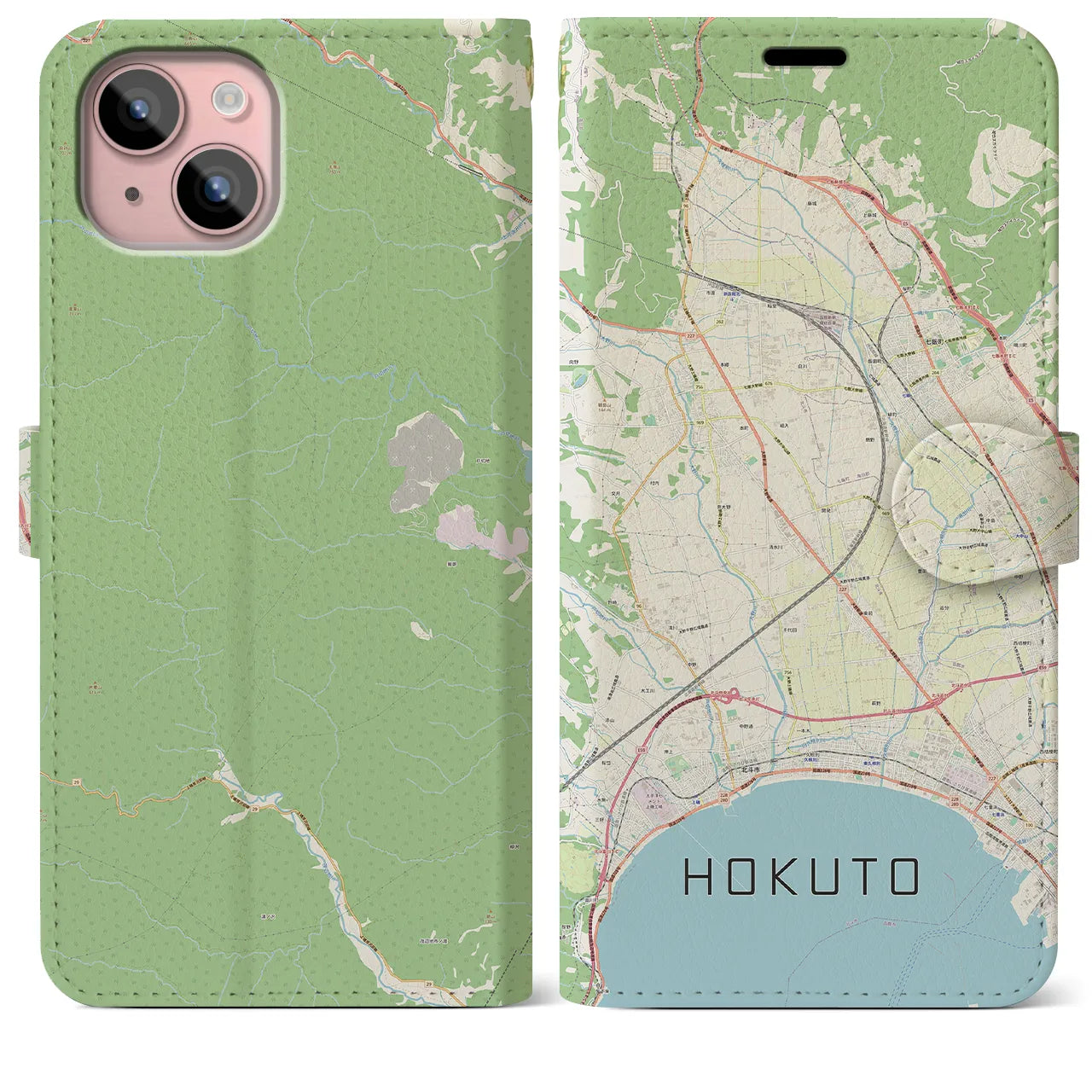 【北斗（北海道）】地図柄iPhoneケース（手帳タイプ）ナチュラル・iPhone 15 Plus 用