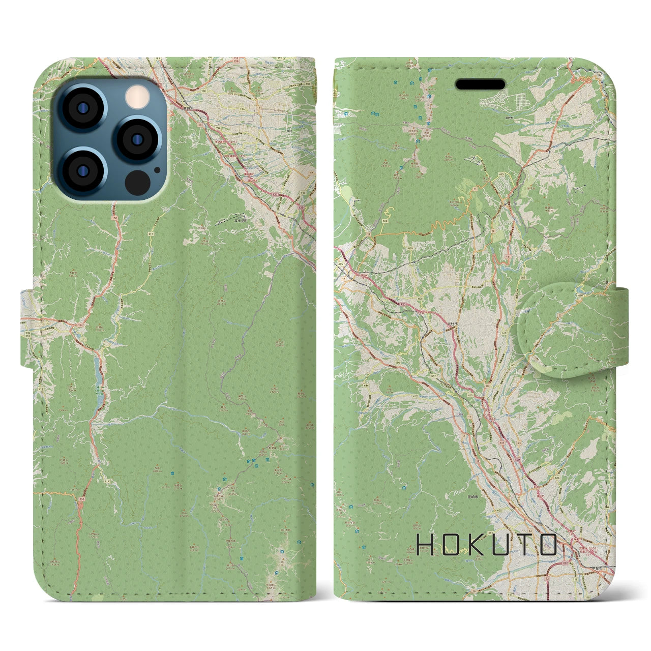 【北杜（山梨県）】地図柄iPhoneケース（手帳タイプ）ナチュラル・iPhone 12 / 12 Pro 用