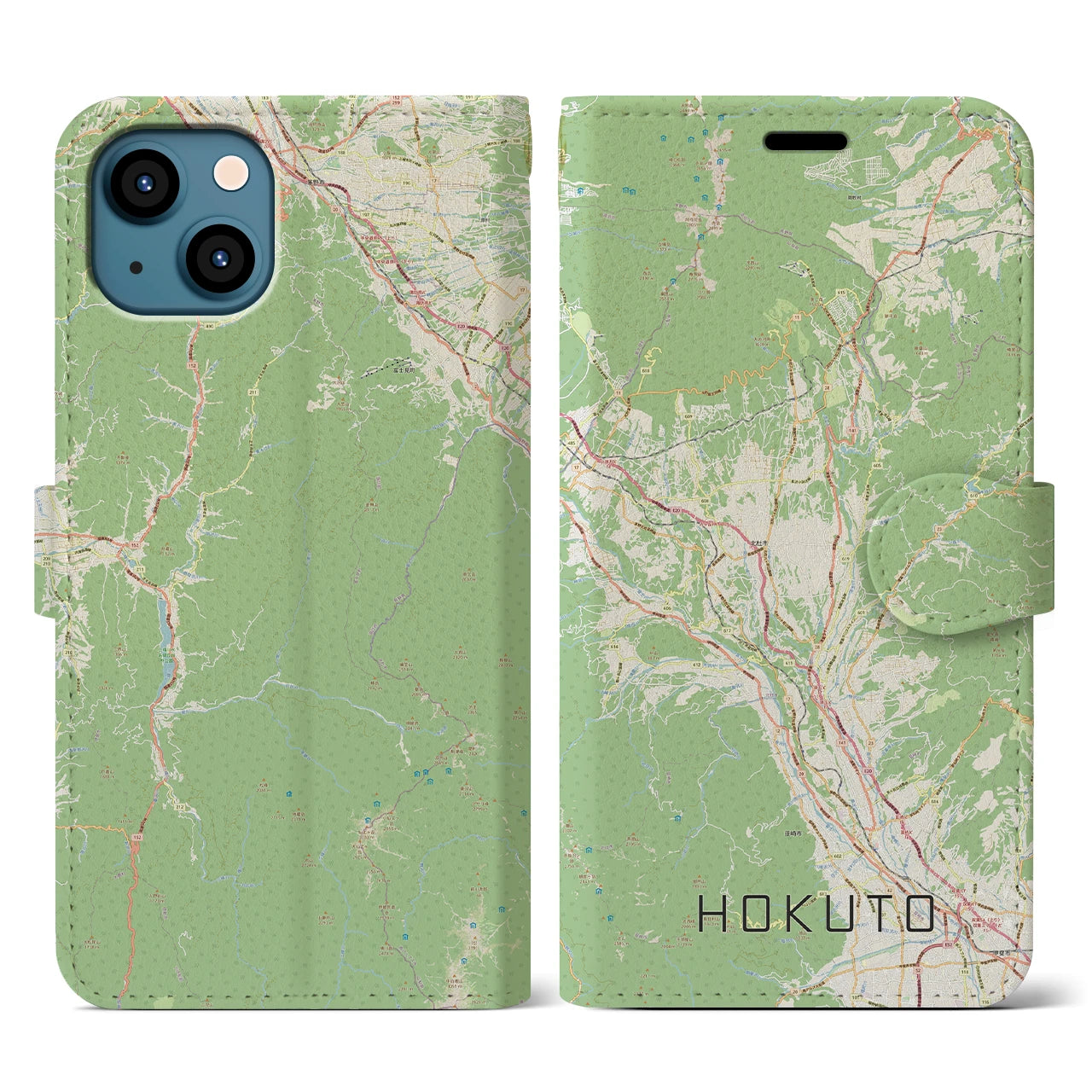 【北杜（山梨県）】地図柄iPhoneケース（手帳タイプ）ナチュラル・iPhone 13 用