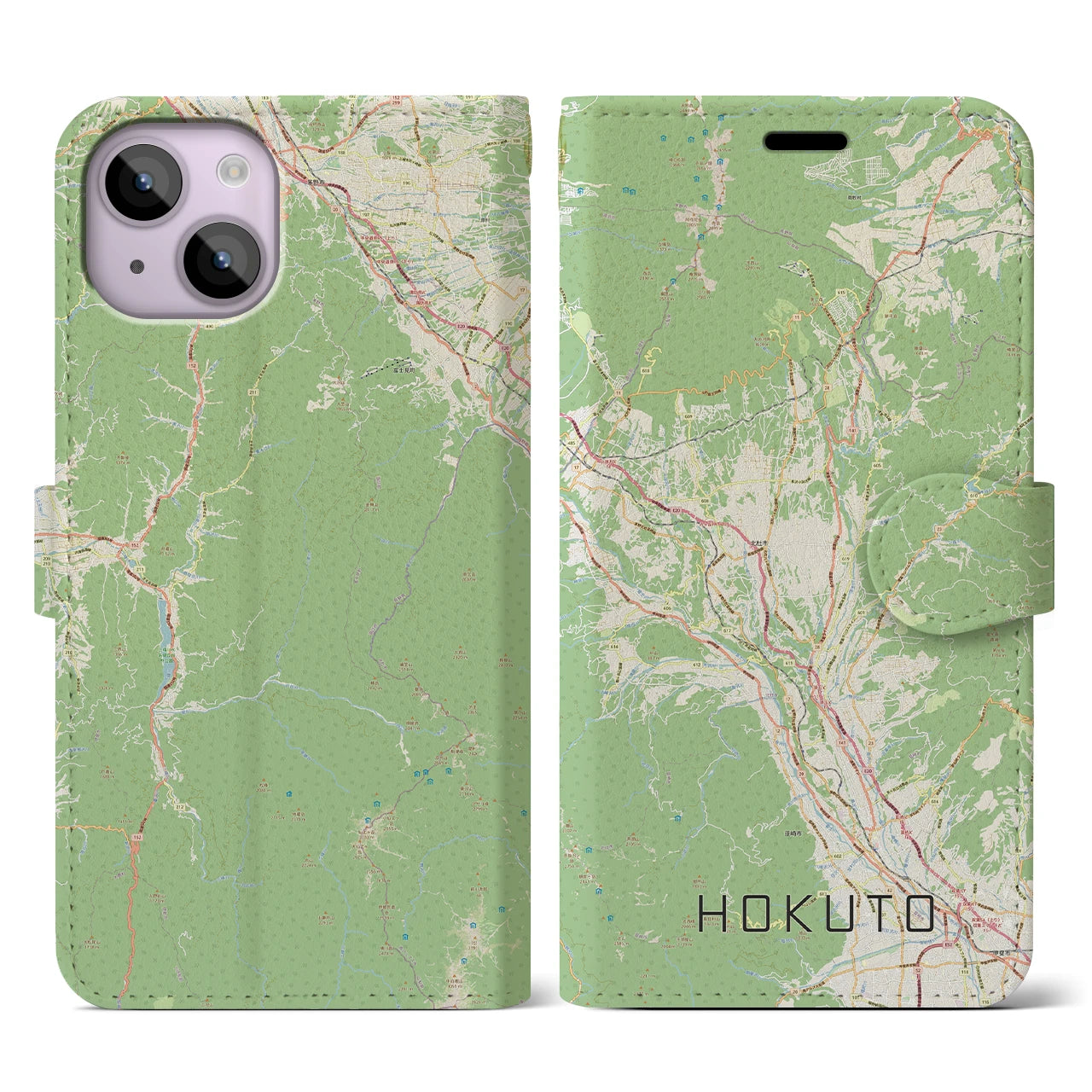 【北杜（山梨県）】地図柄iPhoneケース（手帳タイプ）ナチュラル・iPhone 14 用