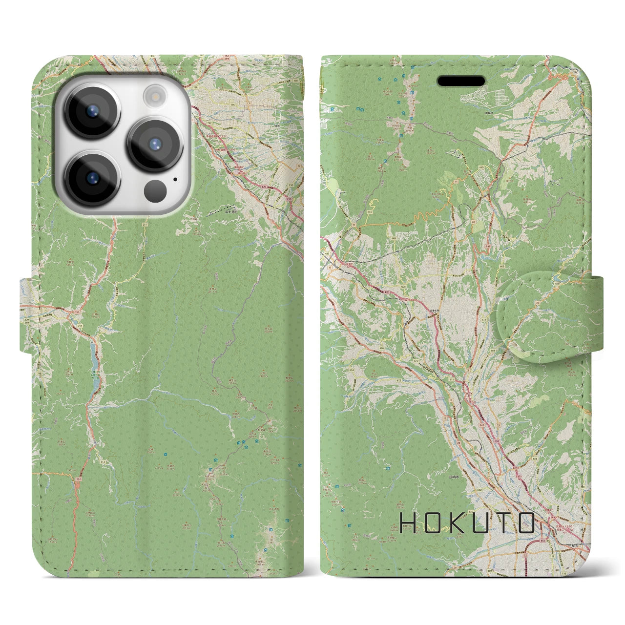 【北杜（山梨県）】地図柄iPhoneケース（手帳タイプ）ナチュラル・iPhone 14 Pro 用