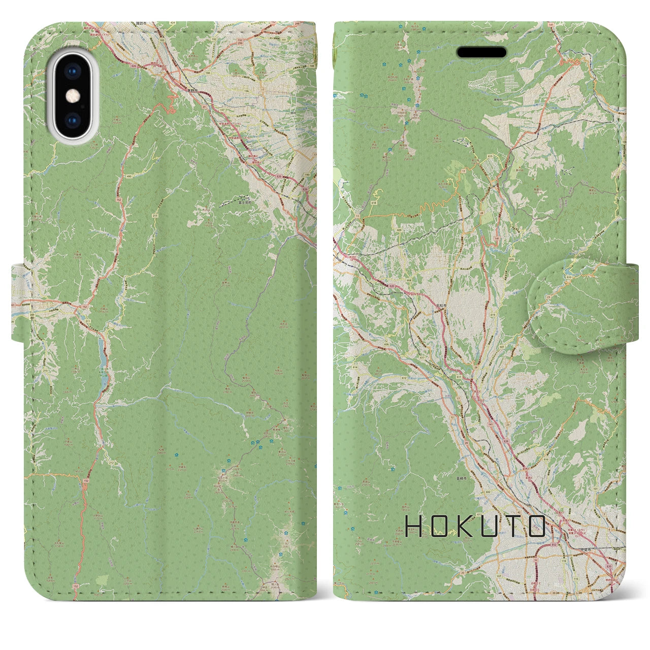 【北杜（山梨県）】地図柄iPhoneケース（手帳タイプ）ナチュラル・iPhone XS Max 用