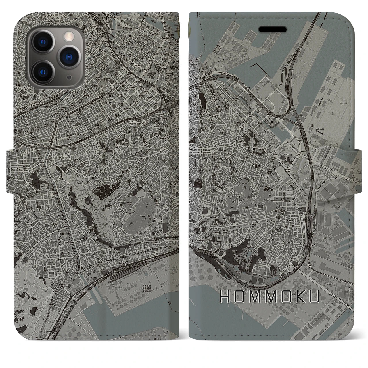 【本牧】地図柄iPhoneケース（手帳両面タイプ・モノトーン）iPhone 11 Pro Max 用