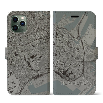 【本牧（神奈川県）】地図柄iPhoneケース（手帳タイプ）モノトーン・iPhone 11 Pro 用