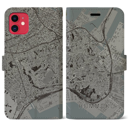 【本牧（神奈川県）】地図柄iPhoneケース（手帳タイプ）モノトーン・iPhone 11 用