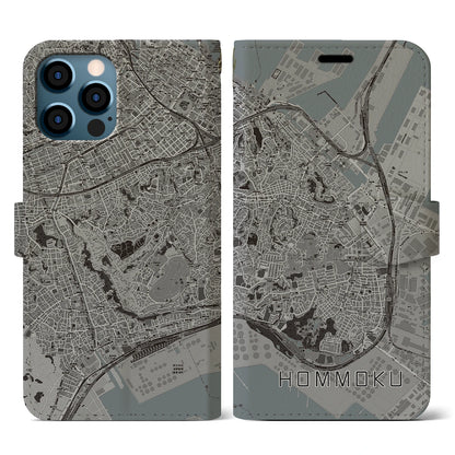 【本牧（神奈川県）】地図柄iPhoneケース（手帳タイプ）モノトーン・iPhone 12 / 12 Pro 用