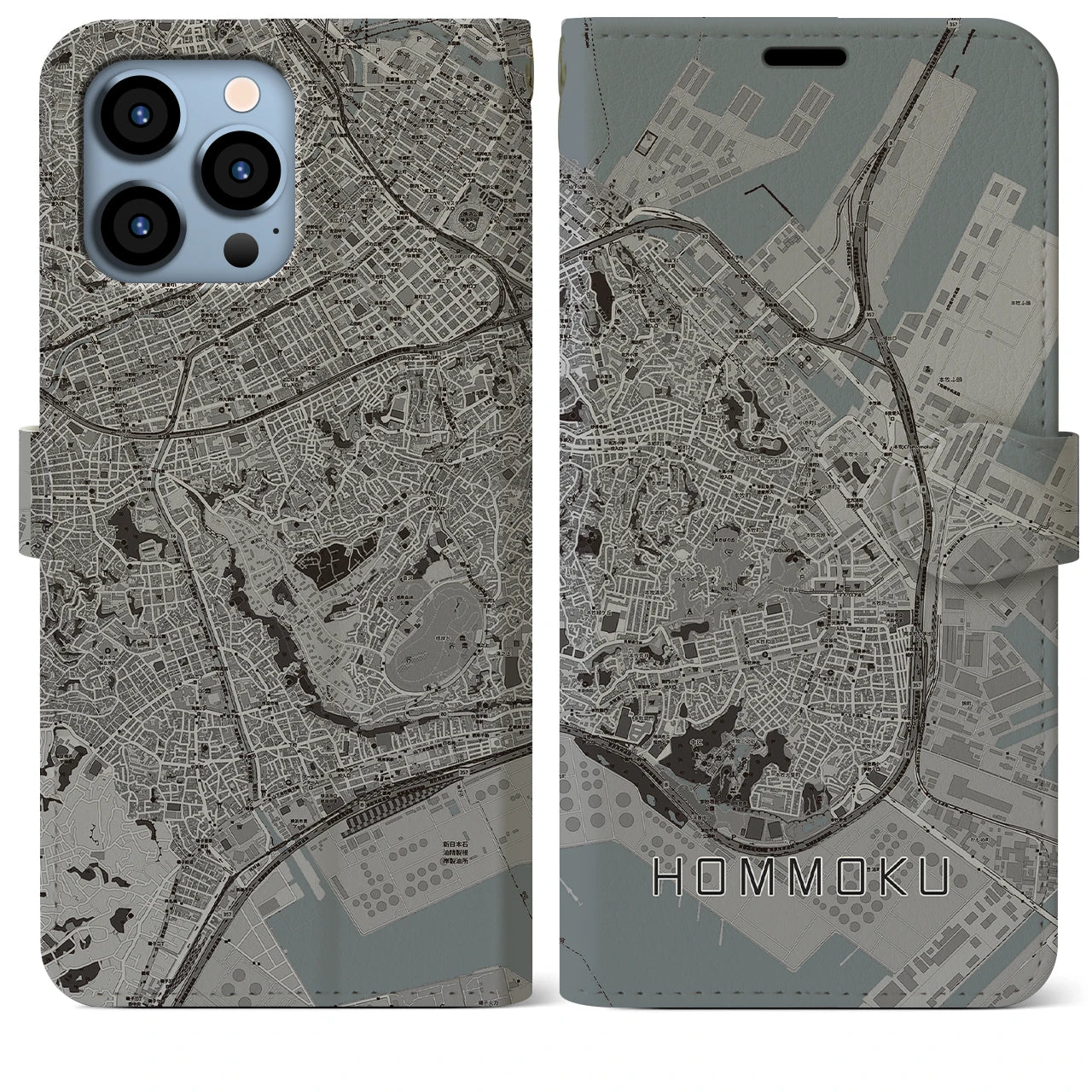 【本牧】地図柄iPhoneケース（手帳両面タイプ・モノトーン）iPhone 13 Pro Max 用