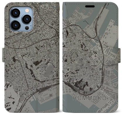 【本牧（神奈川県）】地図柄iPhoneケース（手帳タイプ）モノトーン・iPhone 13 Pro Max 用