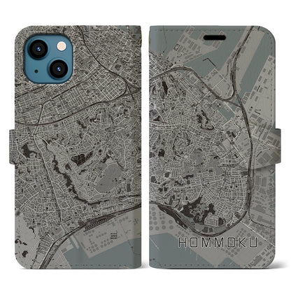 【本牧（神奈川県）】地図柄iPhoneケース（手帳タイプ）モノトーン・iPhone 13 用