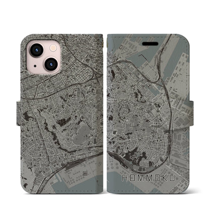 【本牧（神奈川県）】地図柄iPhoneケース（手帳タイプ）モノトーン・iPhone 13 mini 用