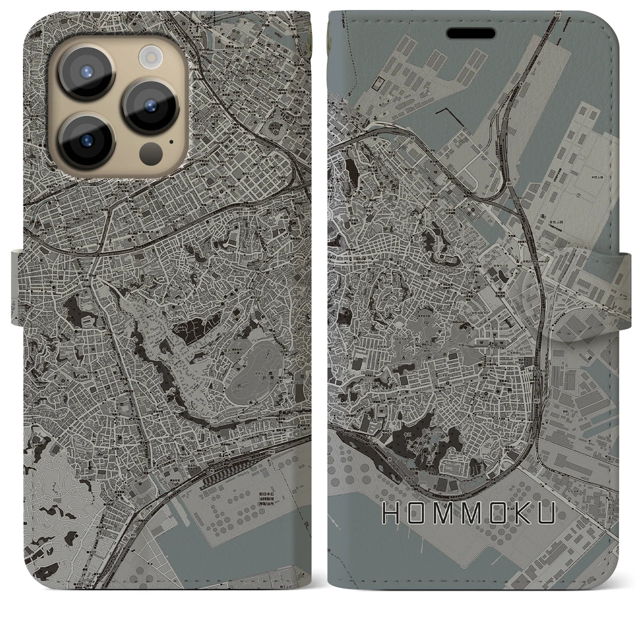 【本牧】地図柄iPhoneケース（手帳両面タイプ・モノトーン）iPhone 14 Pro Max 用