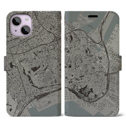 【本牧（神奈川県）】地図柄iPhoneケース（手帳タイプ）モノトーン・iPhone 14 用