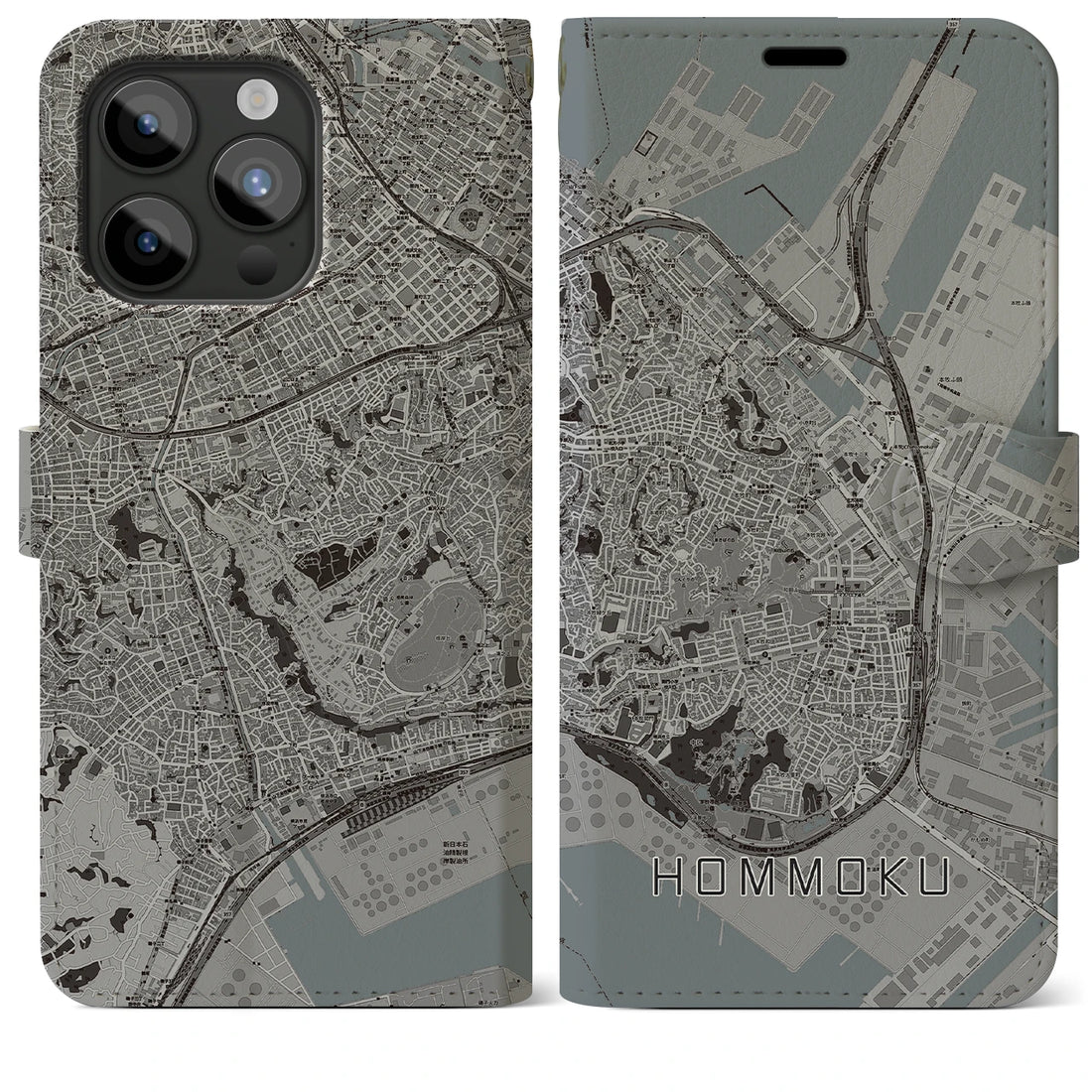 【本牧】地図柄iPhoneケース（手帳両面タイプ・モノトーン）iPhone 15 Pro Max 用