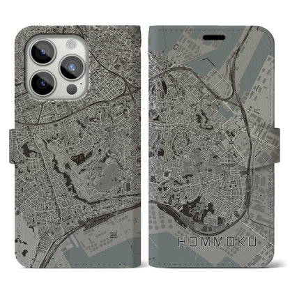 【本牧（神奈川県）】地図柄iPhoneケース（手帳タイプ）モノトーン・iPhone 15 Pro 用