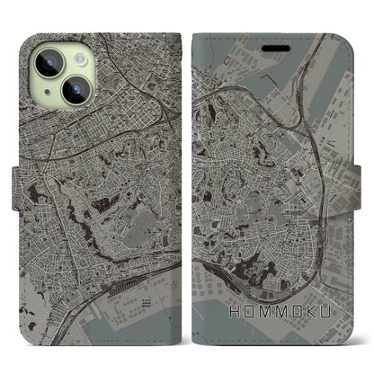 【本牧（神奈川県）】地図柄iPhoneケース（手帳タイプ）モノトーン・iPhone 15 用