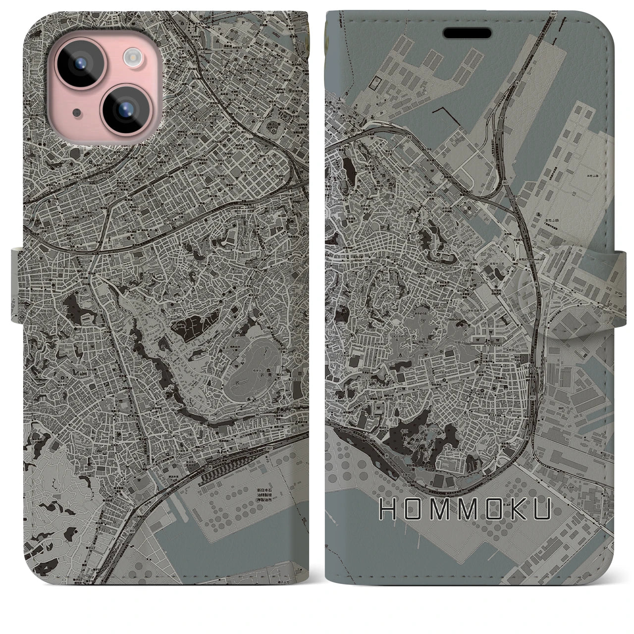 【本牧】地図柄iPhoneケース（手帳両面タイプ・モノトーン）iPhone 15 Plus 用