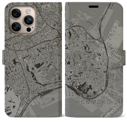 【本牧（神奈川県）】地図柄iPhoneケース（手帳タイプ）モノトーン・iPhone 16 Plus 用