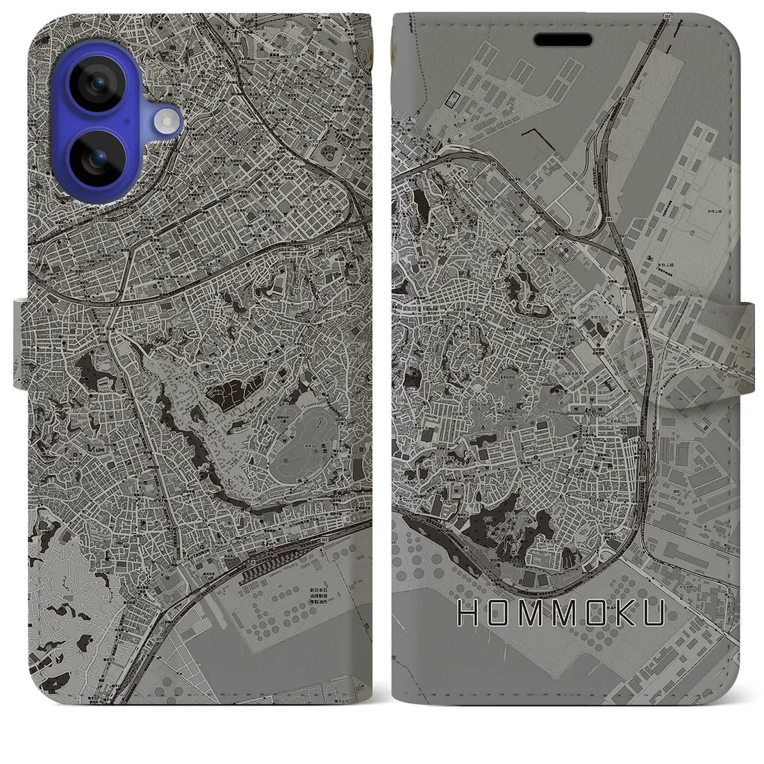 【本牧(神奈川県)】地図柄iPhoneケース(手帳タイプ)モノトーン・iPhone 16 Pro Max 用