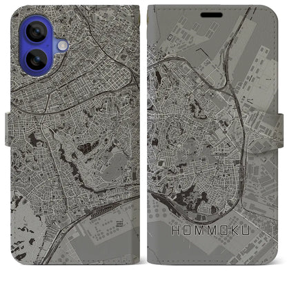 【本牧（神奈川県）】地図柄iPhoneケース（手帳タイプ）モノトーン・iPhone 16 Pro Max 用