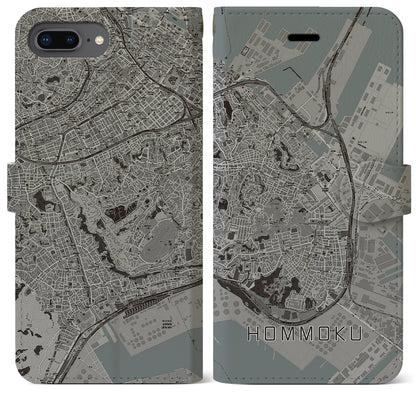 【本牧（神奈川県）】地図柄iPhoneケース（手帳タイプ）モノトーン・iPhone 8Plus /7Plus / 6sPlus / 6Plus 用