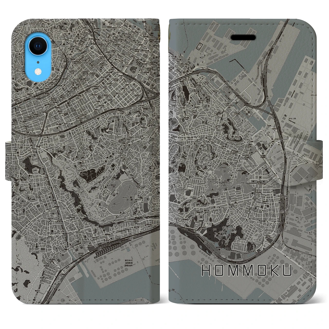 【本牧】地図柄iPhoneケース（手帳両面タイプ・モノトーン）iPhone XR 用