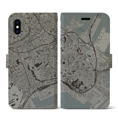 【本牧（神奈川県）】地図柄iPhoneケース（手帳タイプ）モノトーン・iPhone XS / X 用