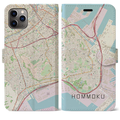 【本牧（神奈川県）】地図柄iPhoneケース（手帳タイプ）ナチュラル・iPhone 11 Pro Max 用