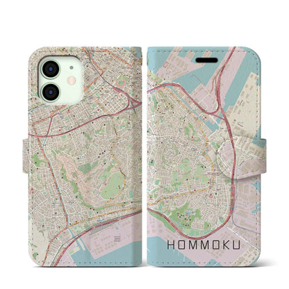 【本牧（神奈川県）】地図柄iPhoneケース（手帳タイプ）ナチュラル・iPhone 12 mini 用