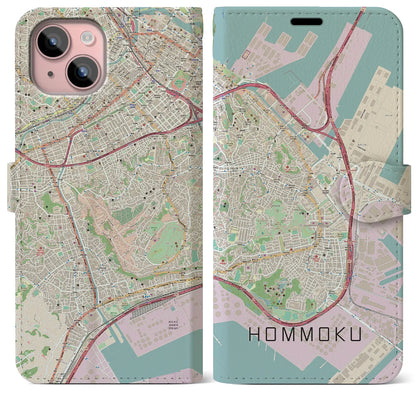 【本牧（神奈川県）】地図柄iPhoneケース（手帳タイプ）ナチュラル・iPhone 15 Plus 用