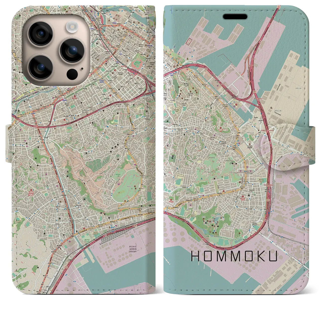 【本牧（神奈川県）】地図柄iPhoneケース（手帳タイプ）ナチュラル・iPhone 16 Plus 用