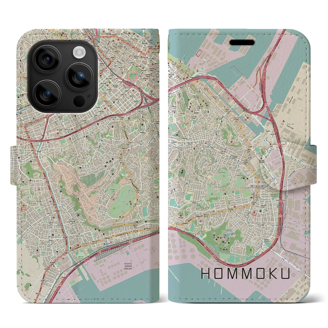 【本牧（神奈川県）】地図柄iPhoneケース（手帳タイプ）ナチュラル・iPhone 16 用