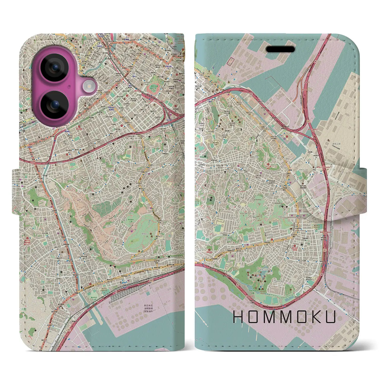 【本牧（神奈川県）】地図柄iPhoneケース（手帳タイプ）ナチュラル・iPhone 16 Pro 用