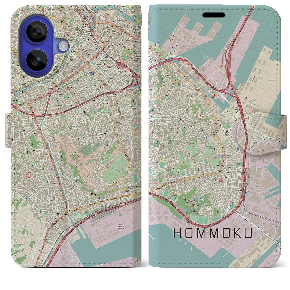 【本牧（神奈川県）】地図柄iPhoneケース（手帳タイプ）ナチュラル・iPhone 16 Pro Max 用