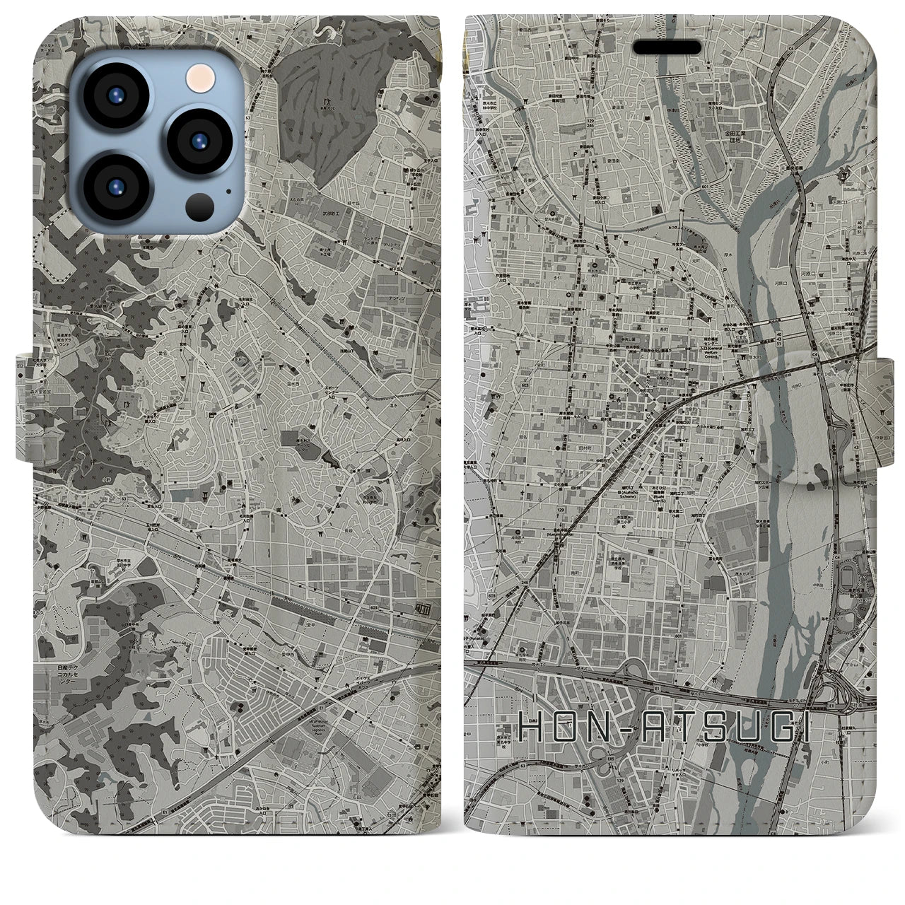 【本厚木】地図柄iPhoneケース（手帳両面タイプ・モノトーン）iPhone 13 Pro Max 用