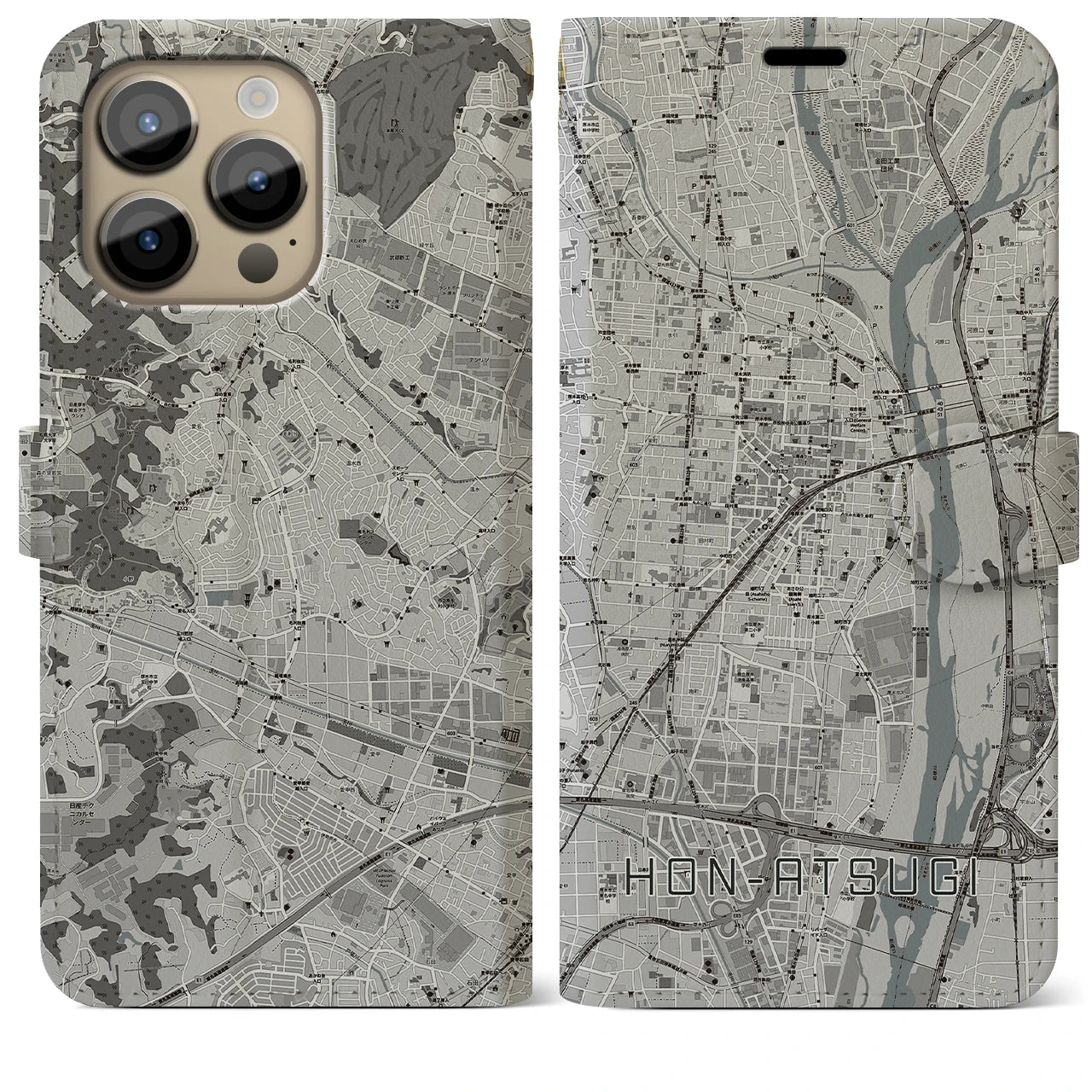 【本厚木】地図柄iPhoneケース（手帳両面タイプ・モノトーン）iPhone 14 Pro Max 用