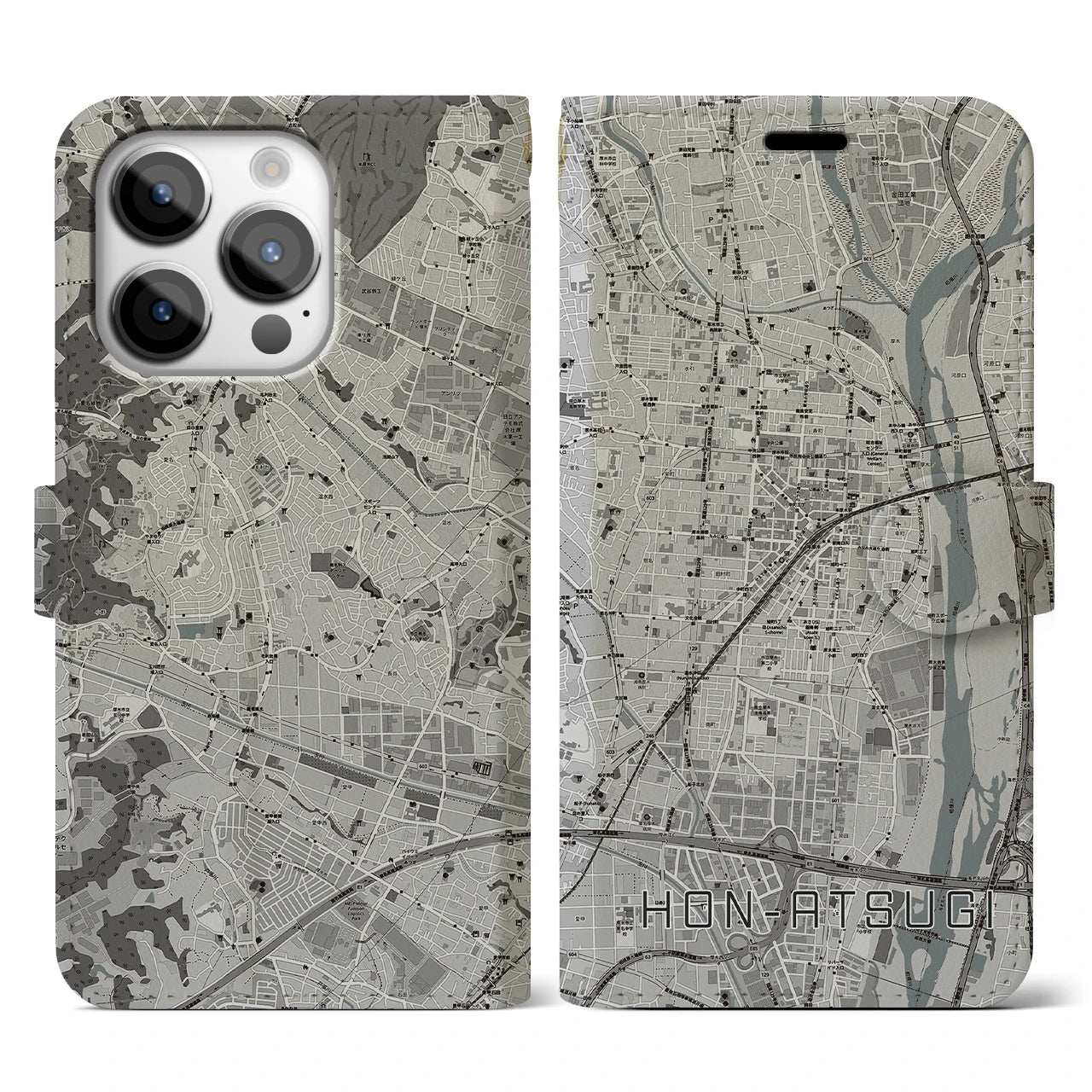 【本厚木】地図柄iPhoneケース（手帳両面タイプ・モノトーン）iPhone 14 Pro 用