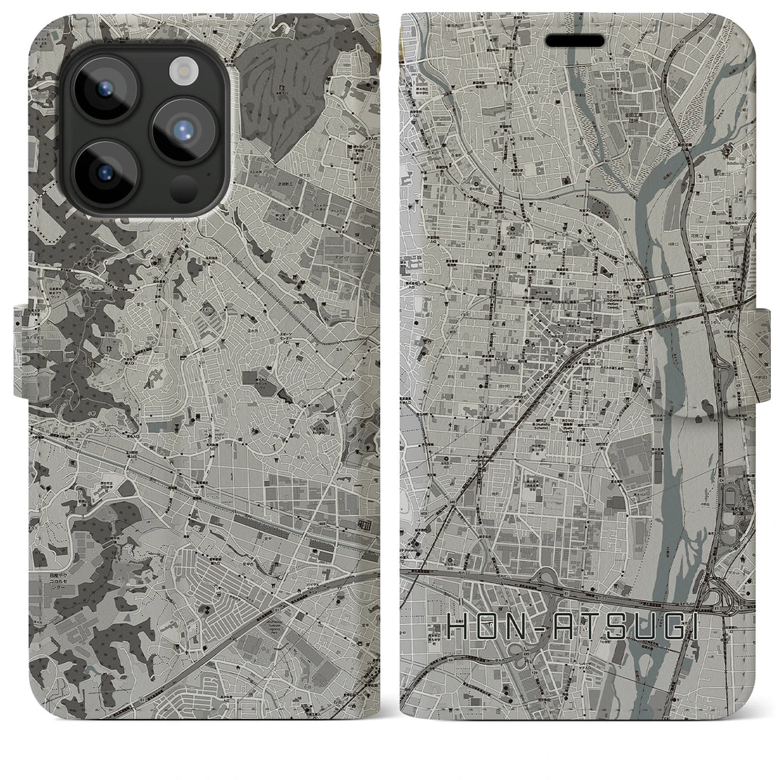 【本厚木】地図柄iPhoneケース（手帳両面タイプ・モノトーン）iPhone 15 Pro Max 用