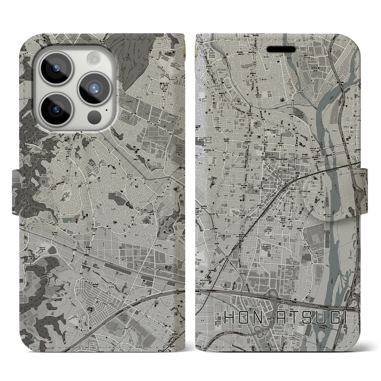 【本厚木】地図柄iPhoneケース（手帳両面タイプ・モノトーン）iPhone 15 Pro 用