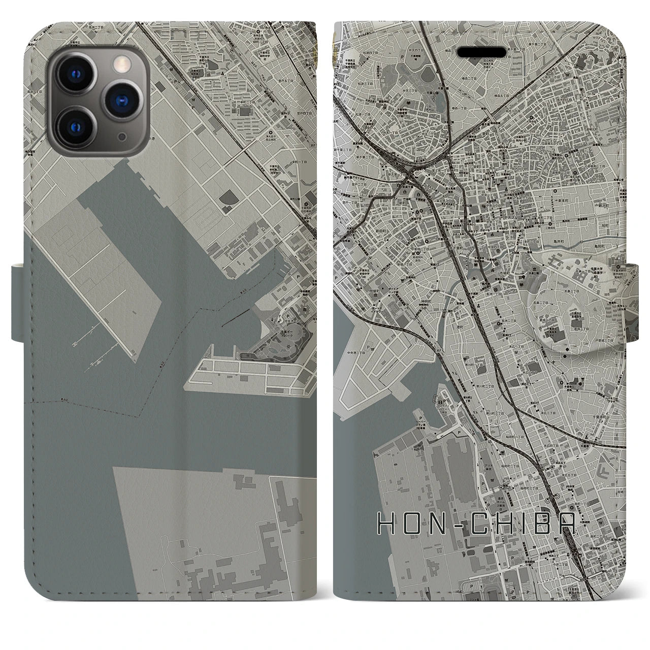 【本千葉】地図柄iPhoneケース（手帳両面タイプ・モノトーン）iPhone 11 Pro Max 用