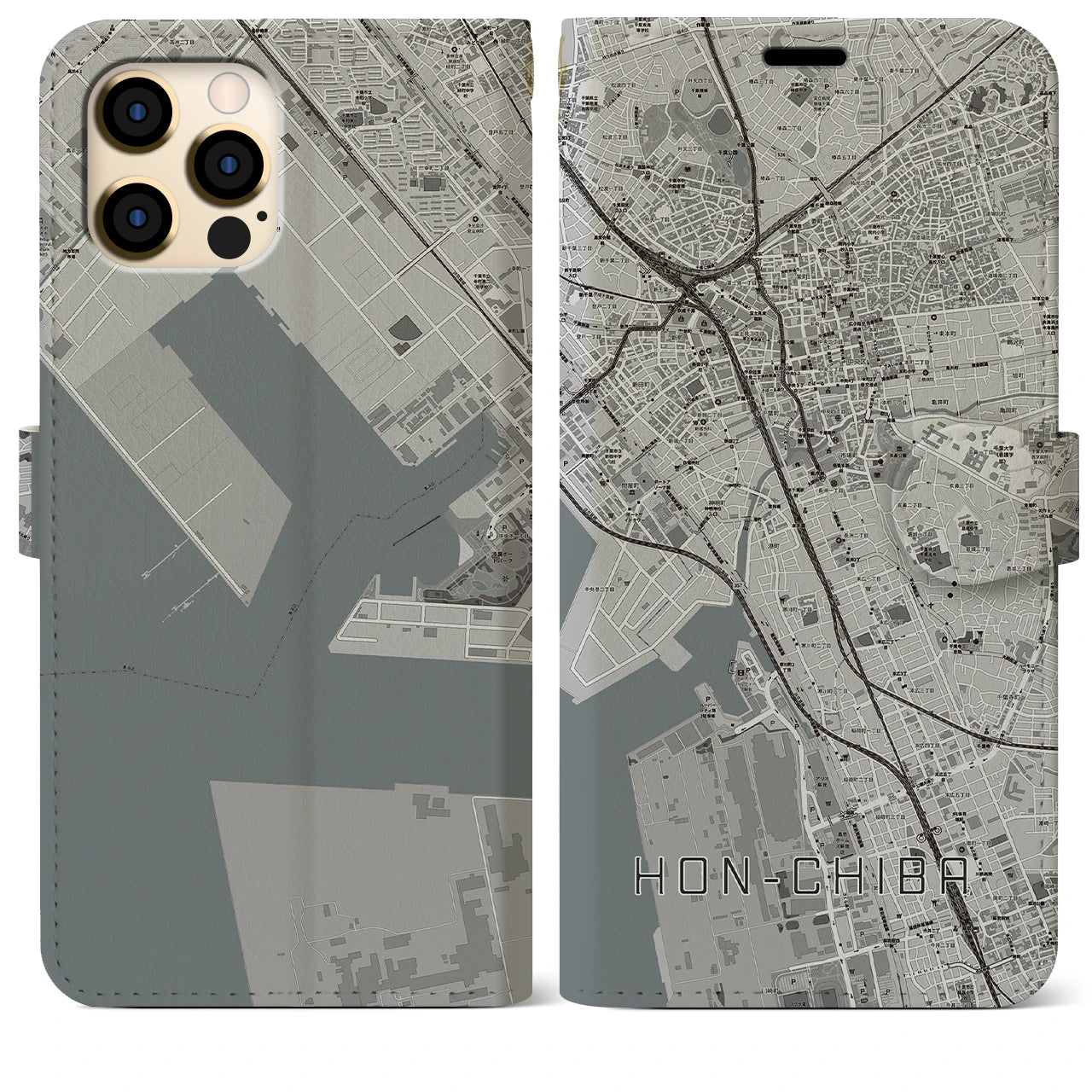 【本千葉】地図柄iPhoneケース（手帳両面タイプ・モノトーン）iPhone 12 Pro Max 用