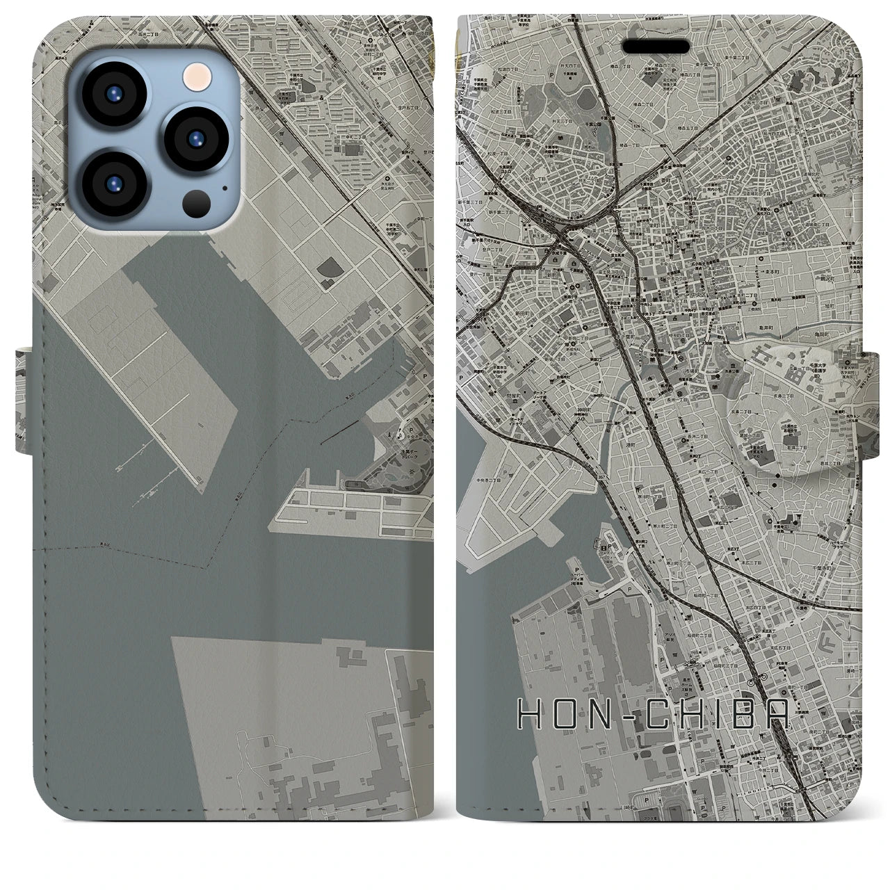 【本千葉】地図柄iPhoneケース（手帳両面タイプ・モノトーン）iPhone 13 Pro Max 用
