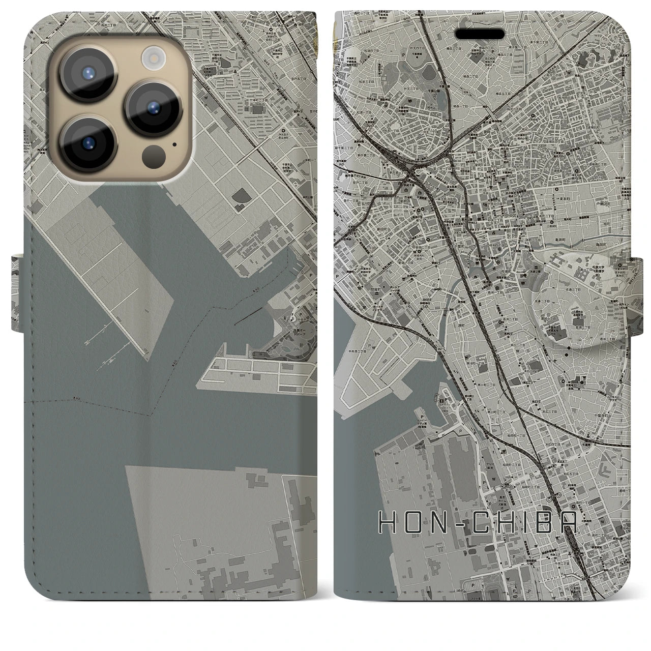 【本千葉】地図柄iPhoneケース（手帳両面タイプ・モノトーン）iPhone 14 Pro Max 用