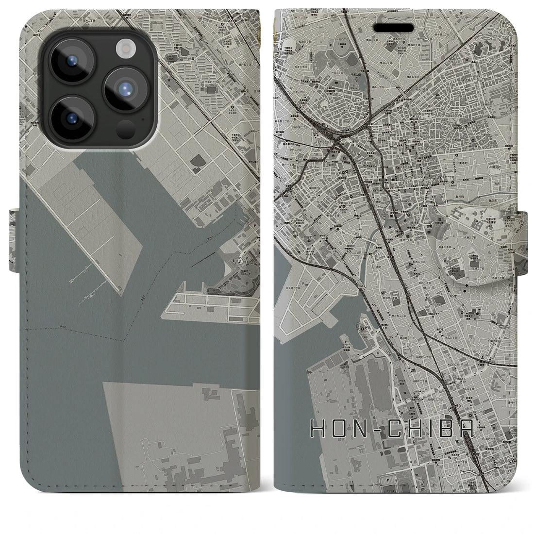 【本千葉】地図柄iPhoneケース（手帳両面タイプ・モノトーン）iPhone 15 Pro Max 用