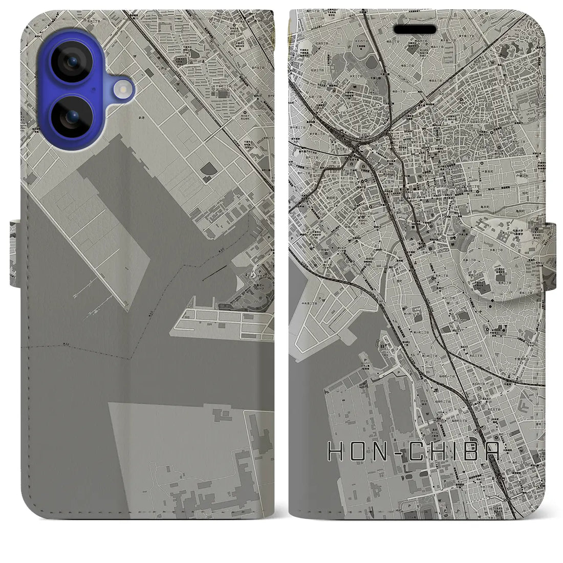 【本千葉(千葉県)】地図柄iPhoneケース(手帳タイプ)モノトーン・iPhone 16 Pro Max 用