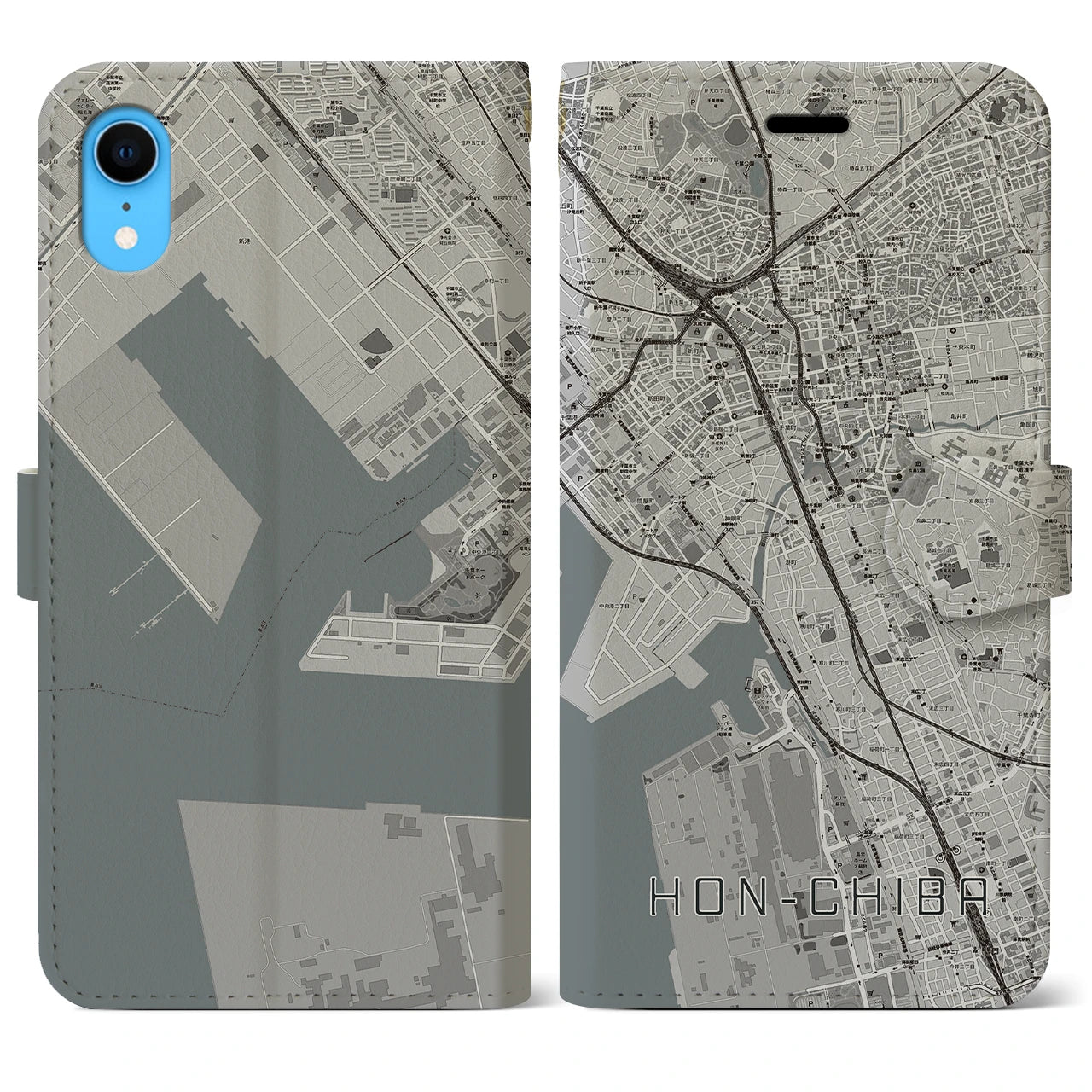 【本千葉】地図柄iPhoneケース（手帳両面タイプ・モノトーン）iPhone XR 用