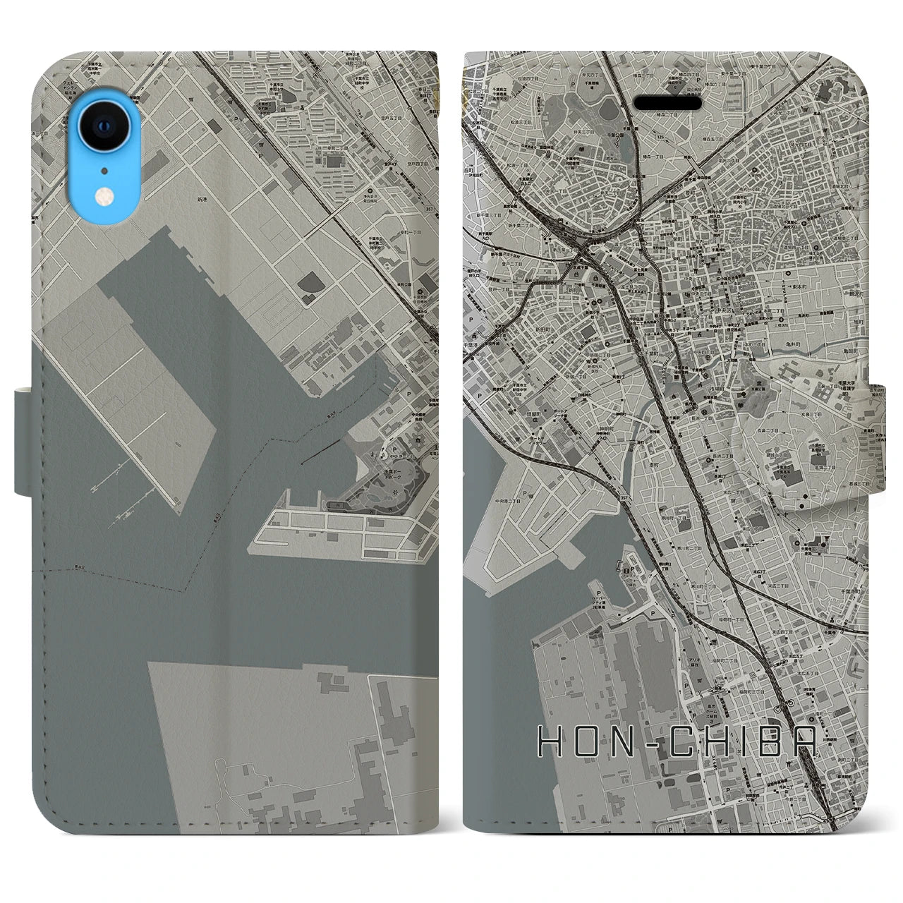 【本千葉（千葉県）】地図柄iPhoneケース（手帳タイプ）モノトーン・iPhone XR 用