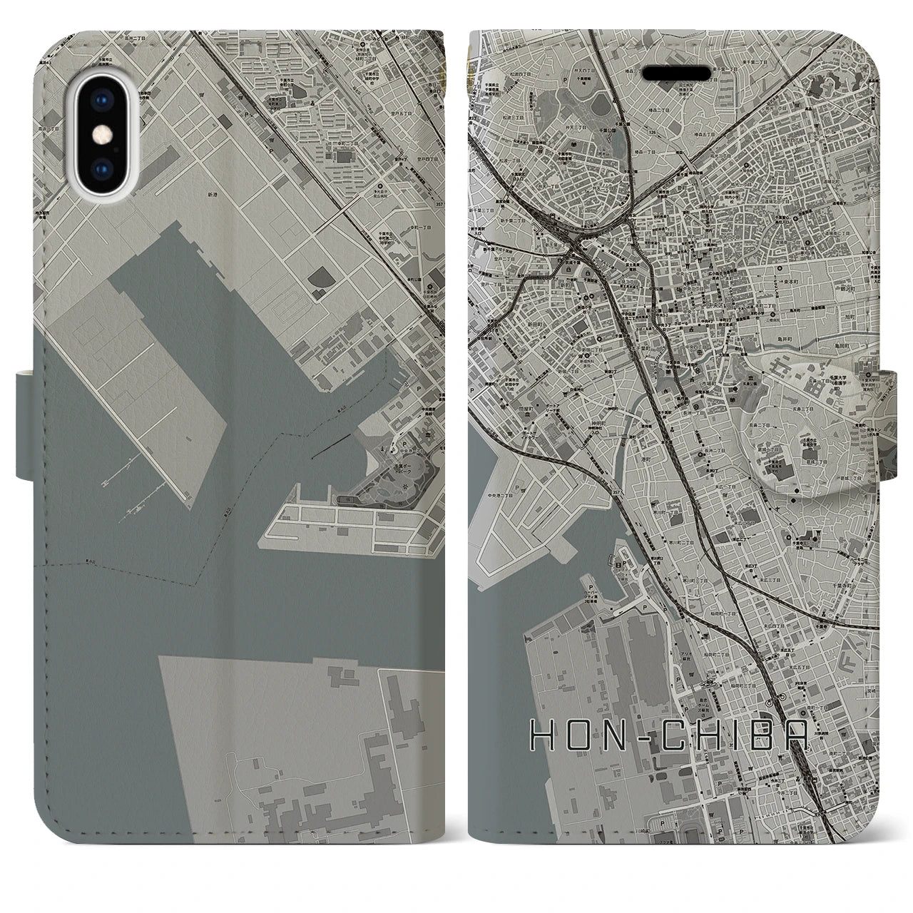 【本千葉（千葉県）】地図柄iPhoneケース（手帳タイプ）モノトーン・iPhone XS Max 用