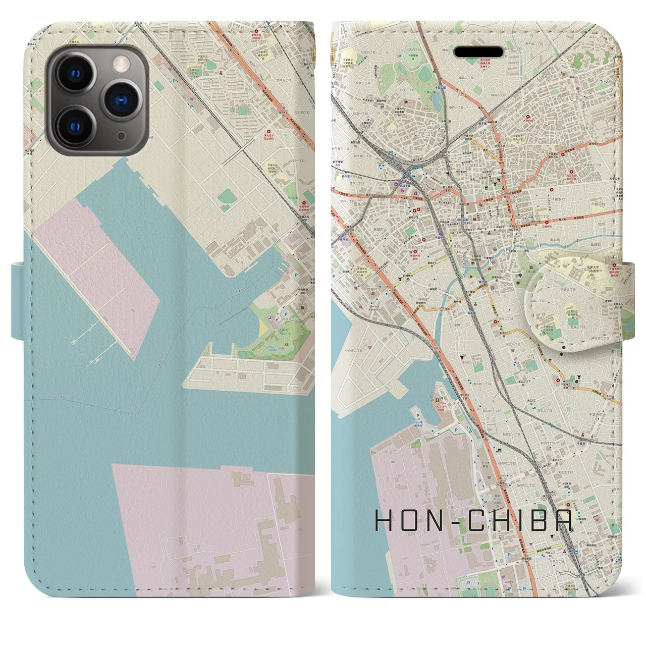 【本千葉（千葉県）】地図柄iPhoneケース（手帳タイプ）ナチュラル・iPhone 11 Pro Max 用